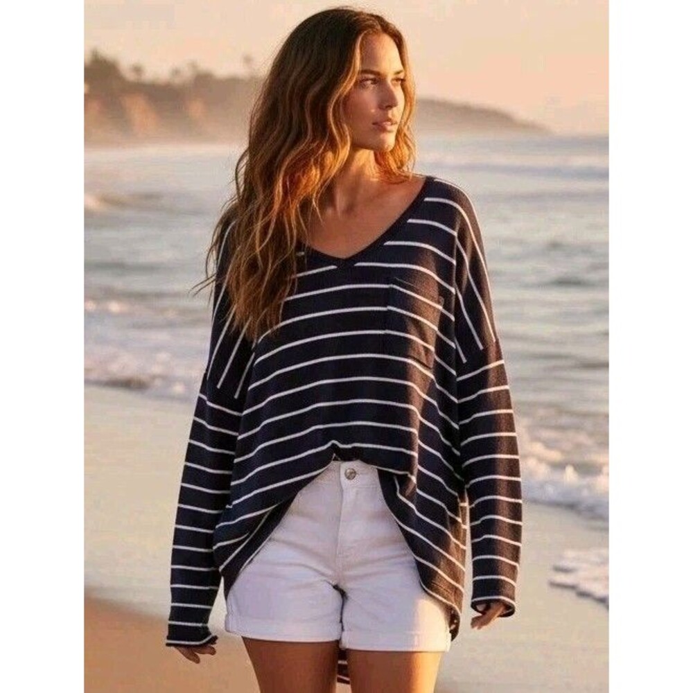 Merona Navy White Striped Lightweight Sweater Womens XL Oversized V Neck Beachy